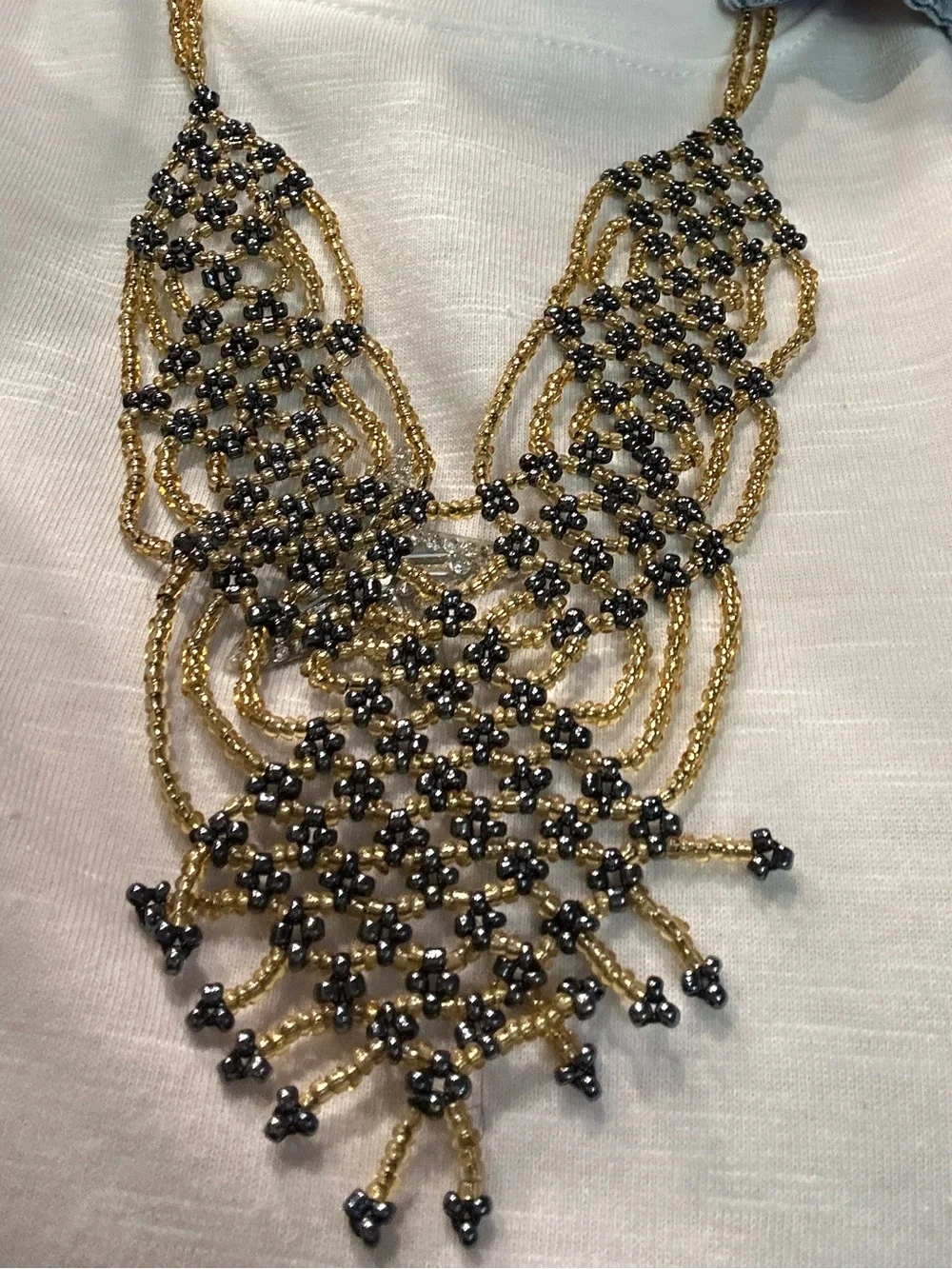 Handmade Antique Gold & Black Seed Bead Statement Necklace - Picture 6 of 7